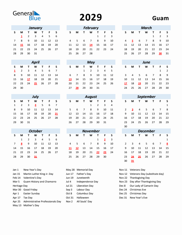 2029 Calendar for Guam with Holidays