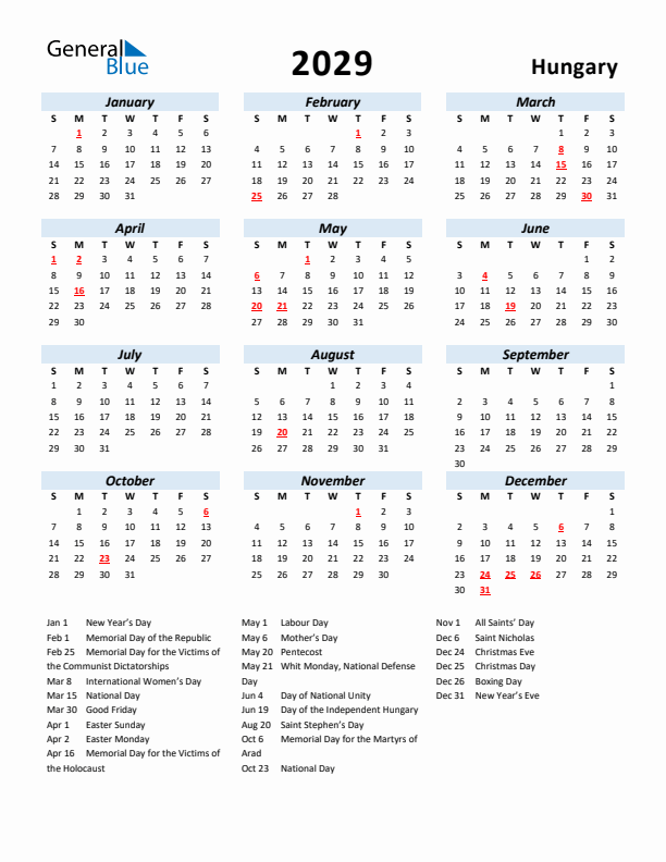 2029 Calendar for Hungary with Holidays