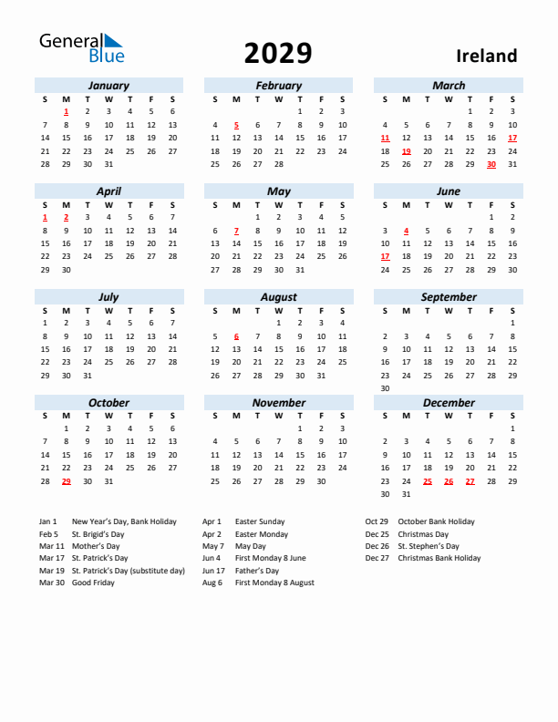 2029 Calendar for Ireland with Holidays