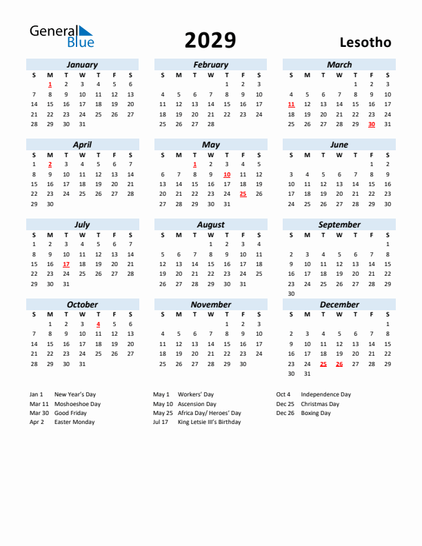 2029 Calendar for Lesotho with Holidays