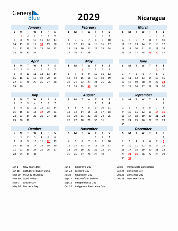 2029 Calendar for Nicaragua with Holidays