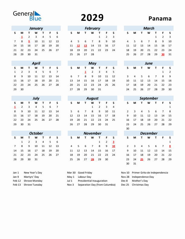 2029 Calendar for Panama with Holidays