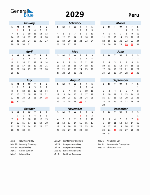 2029 Calendar for Peru with Holidays