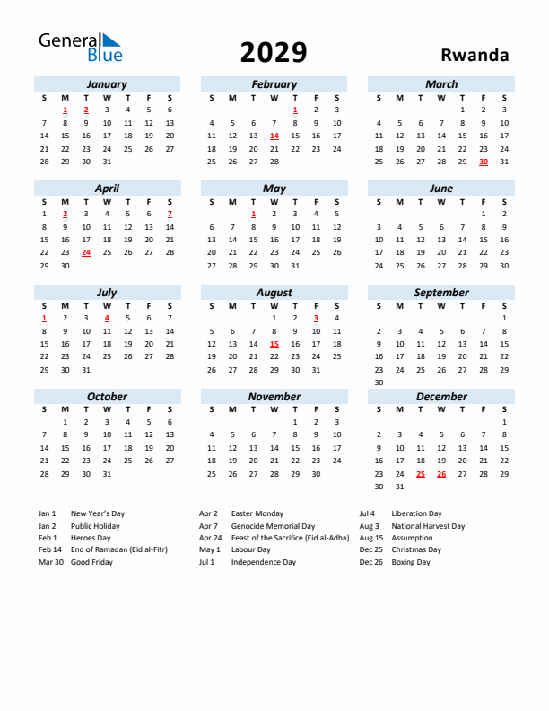 2029 Calendar for Rwanda with Holidays