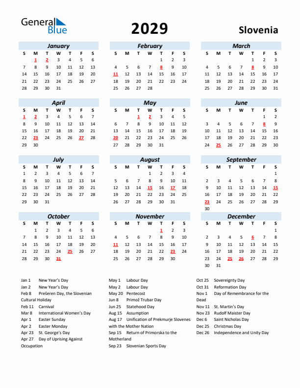 2029 Calendar for Slovenia with Holidays