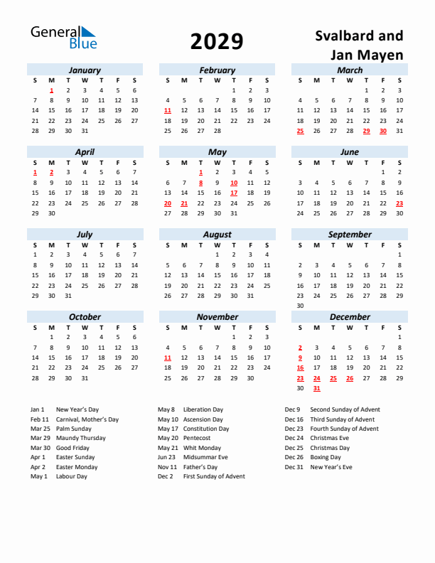 2029 Calendar for Svalbard and Jan Mayen with Holidays