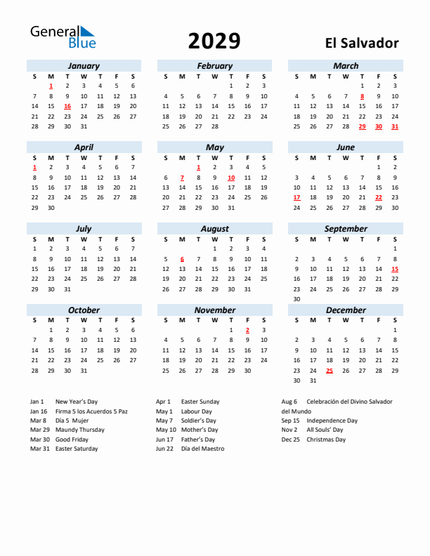 2029 Calendar for El Salvador with Holidays