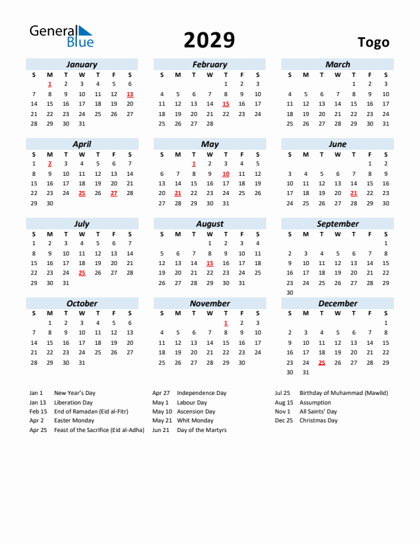 2029 Calendar for Togo with Holidays