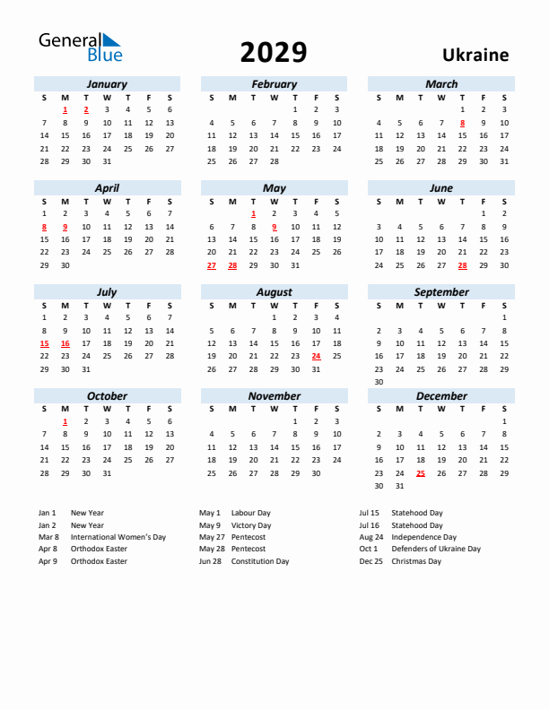 2029 Calendar for Ukraine with Holidays