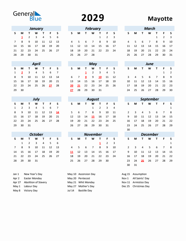 2029 Calendar for Mayotte with Holidays