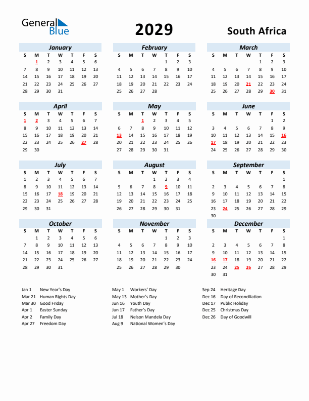 2029 Calendar for South Africa with Holidays