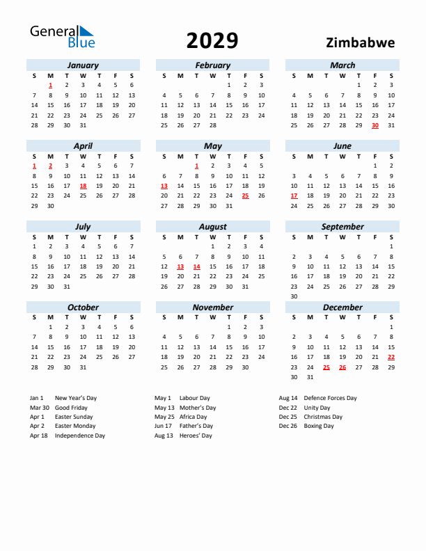 2029 Calendar for Zimbabwe with Holidays