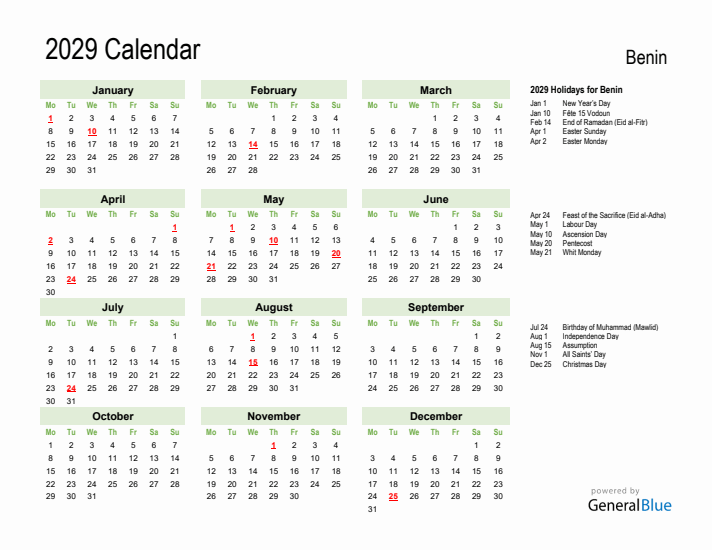 Holiday Calendar 2029 for Benin (Monday Start)