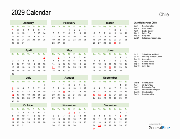 Holiday Calendar 2029 for Chile (Monday Start)