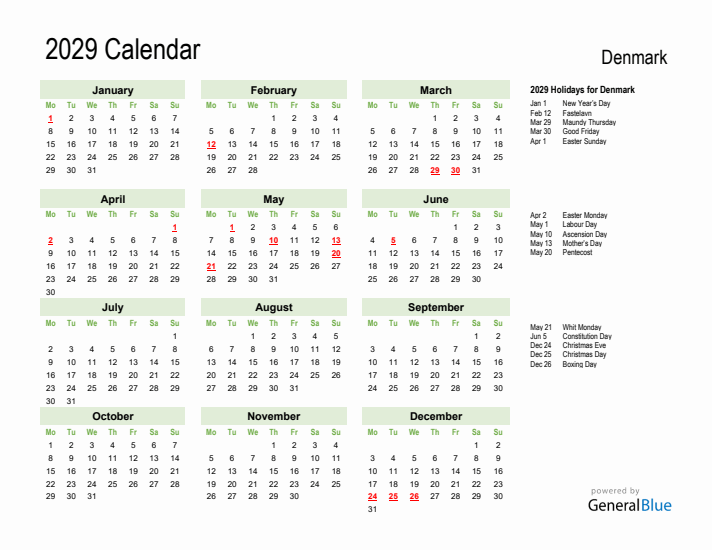 Holiday Calendar 2029 for Denmark (Monday Start)