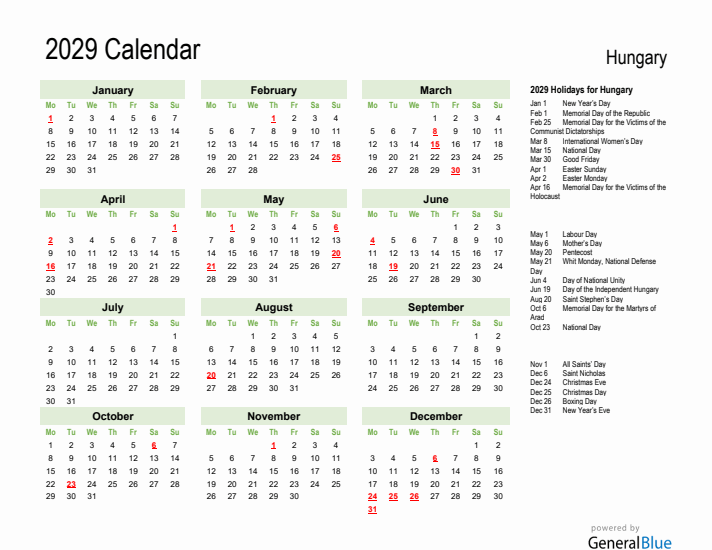 Holiday Calendar 2029 for Hungary (Monday Start)