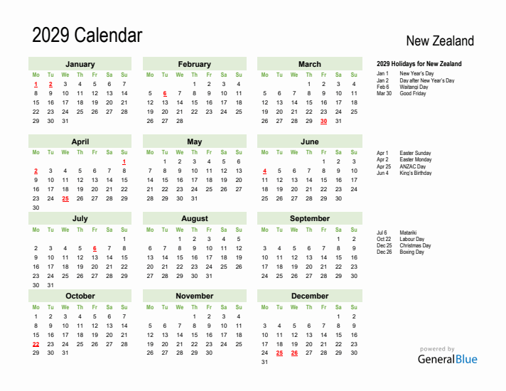 Holiday Calendar 2029 for New Zealand (Monday Start)