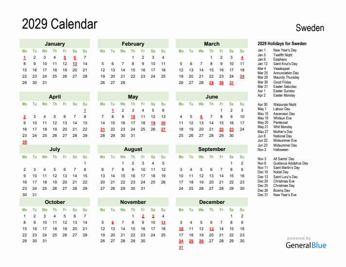 Holiday Calendar 2029 for Sweden (Monday Start)