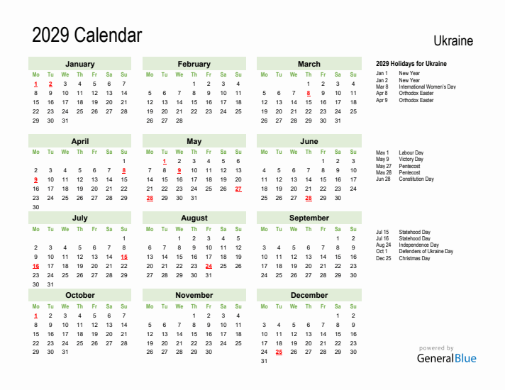 Holiday Calendar 2029 for Ukraine (Monday Start)