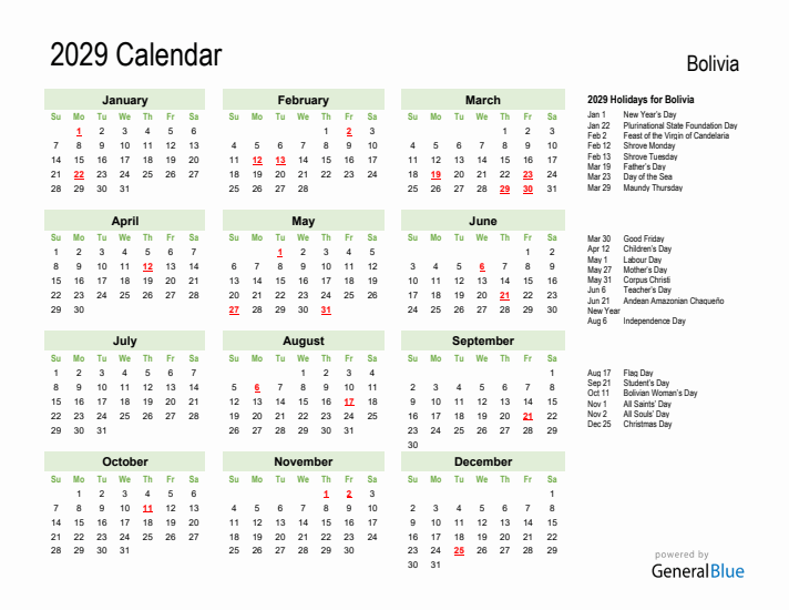 Holiday Calendar 2029 for Bolivia (Sunday Start)