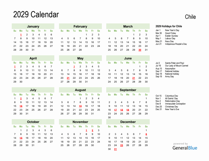 Holiday Calendar 2029 for Chile (Sunday Start)