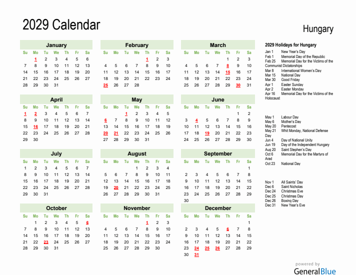 Holiday Calendar 2029 for Hungary (Sunday Start)