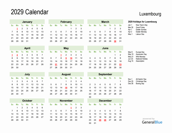 Holiday Calendar 2029 for Luxembourg (Sunday Start)