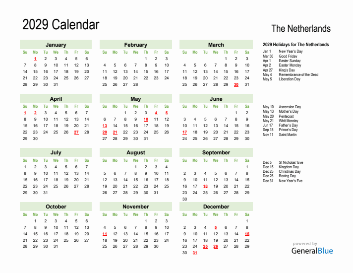 Holiday Calendar 2029 for The Netherlands (Sunday Start)