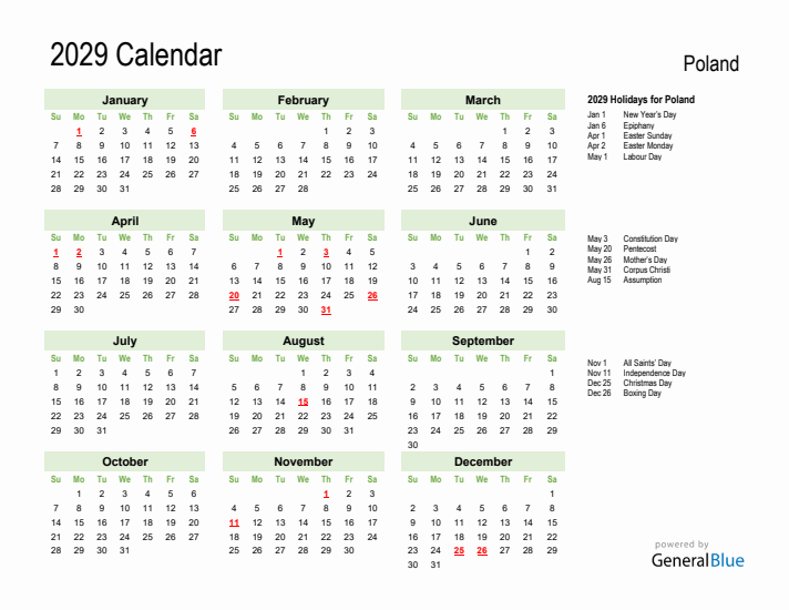 Holiday Calendar 2029 for Poland (Sunday Start)