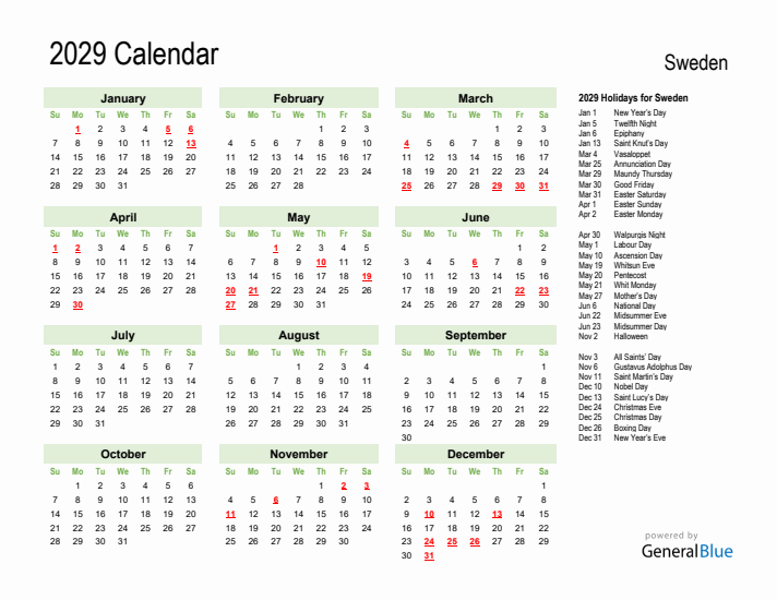 Holiday Calendar 2029 for Sweden (Sunday Start)