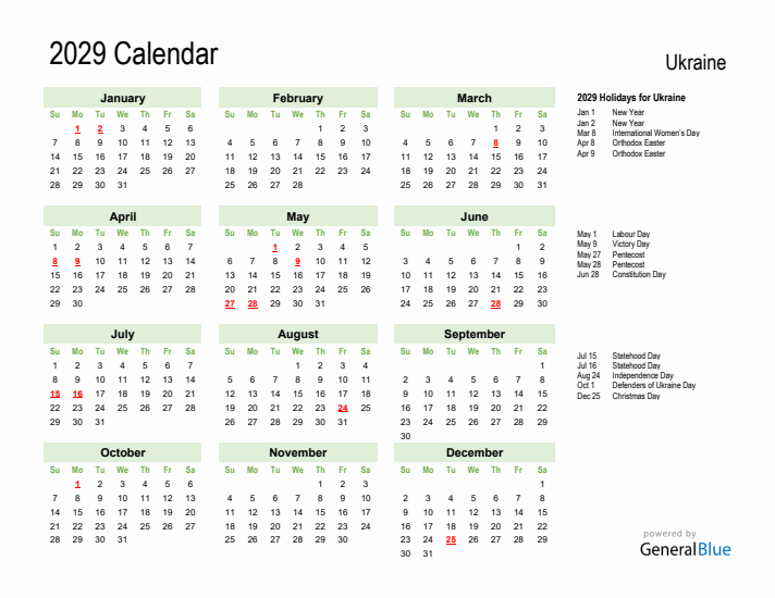 Holiday Calendar 2029 for Ukraine (Sunday Start)