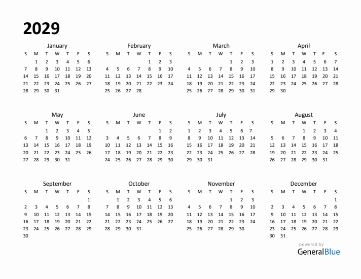 Year Planner 2029 Template