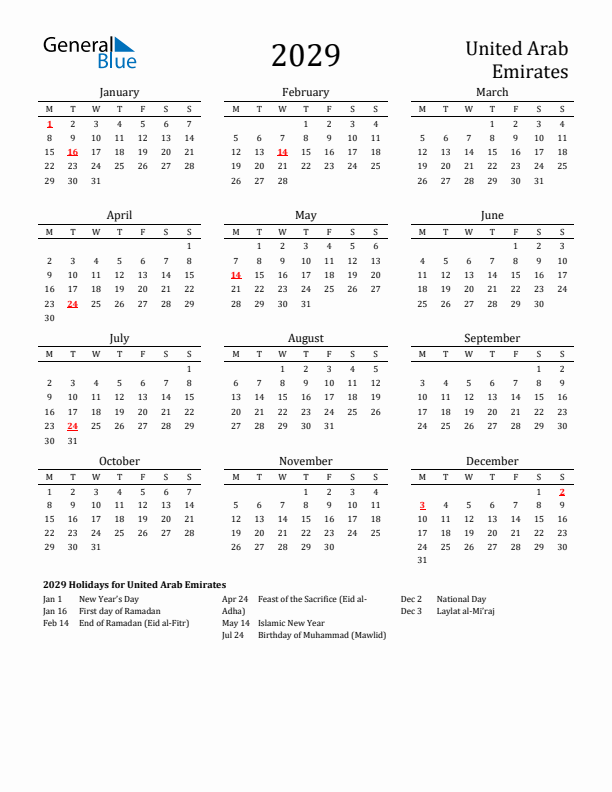 United Arab Emirates Holidays Calendar for 2029