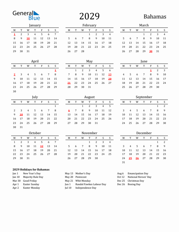 Bahamas Holidays Calendar for 2029