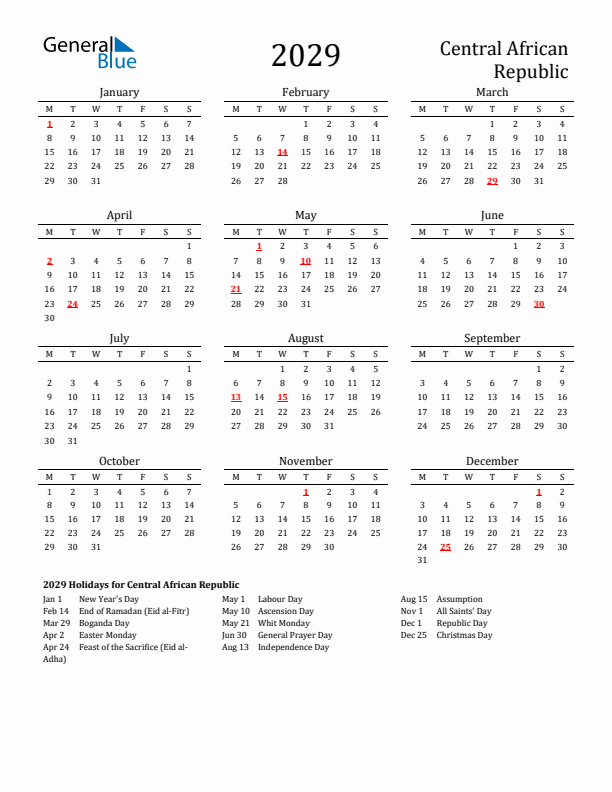 Central African Republic Holidays Calendar for 2029