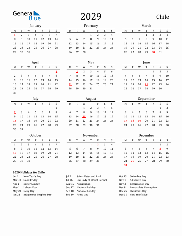 Chile Holidays Calendar for 2029