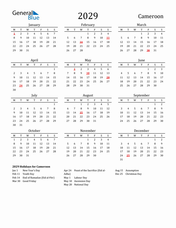 Cameroon Holidays Calendar for 2029