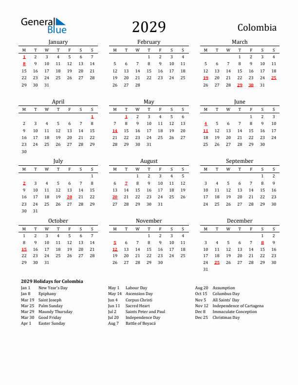 Colombia Holidays Calendar for 2029