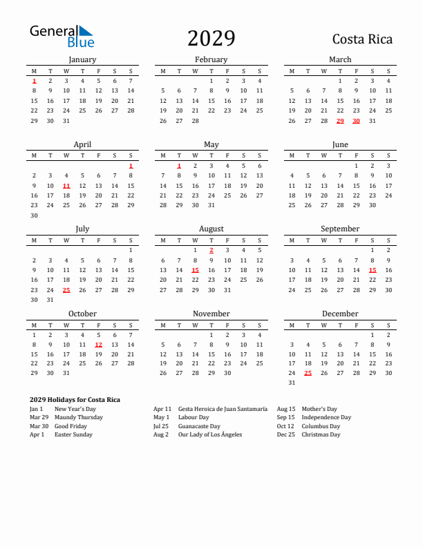 Costa Rica Holidays Calendar for 2029