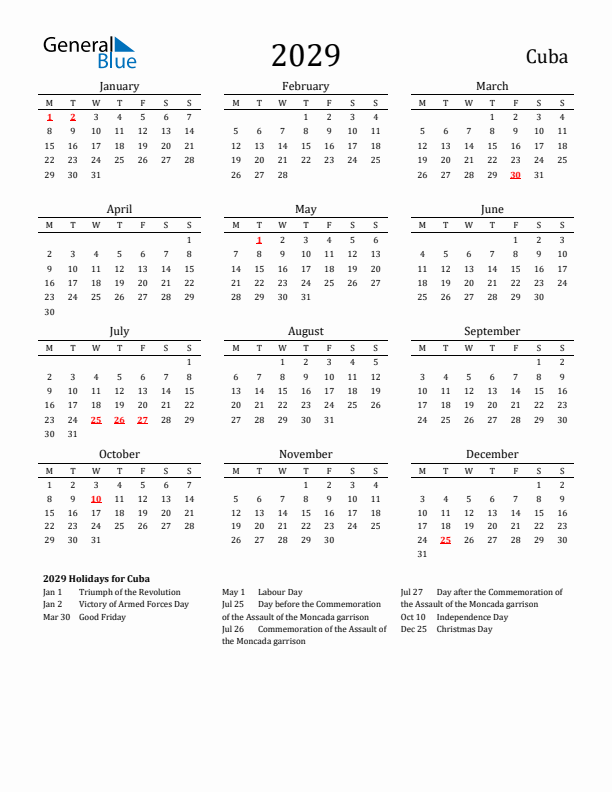 Cuba Holidays Calendar for 2029