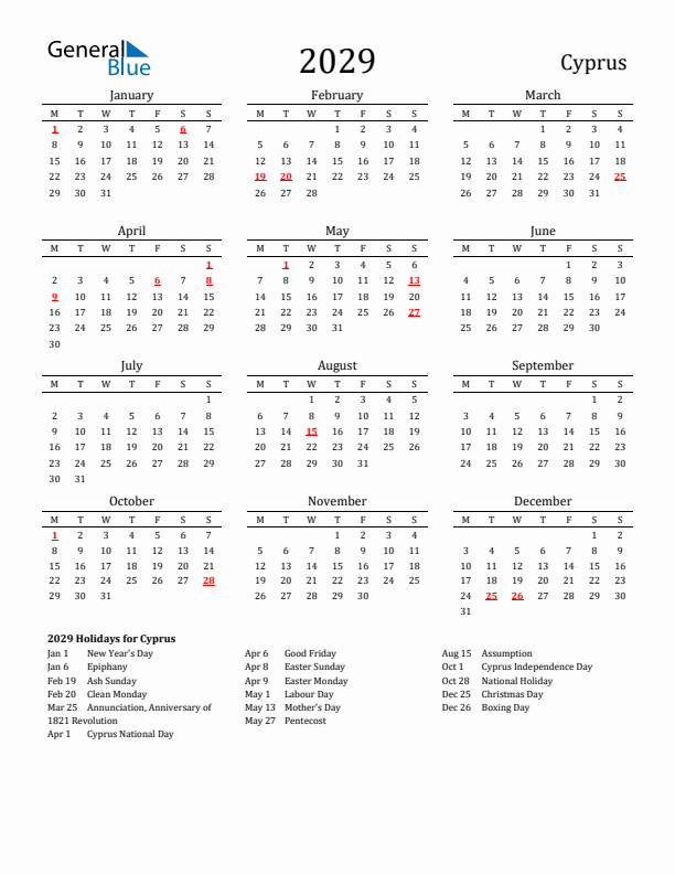 Cyprus Holidays Calendar for 2029