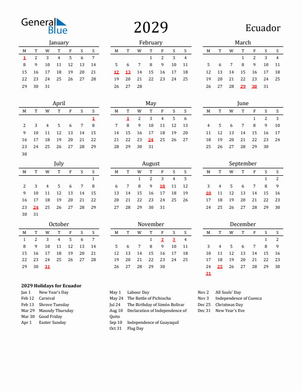 Ecuador Holidays Calendar for 2029