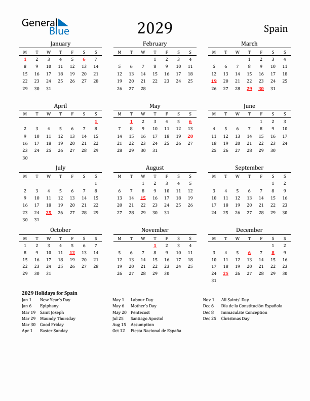 Spain Holidays Calendar for 2029