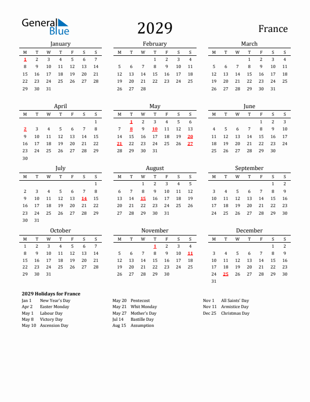 France Holidays Calendar for 2029