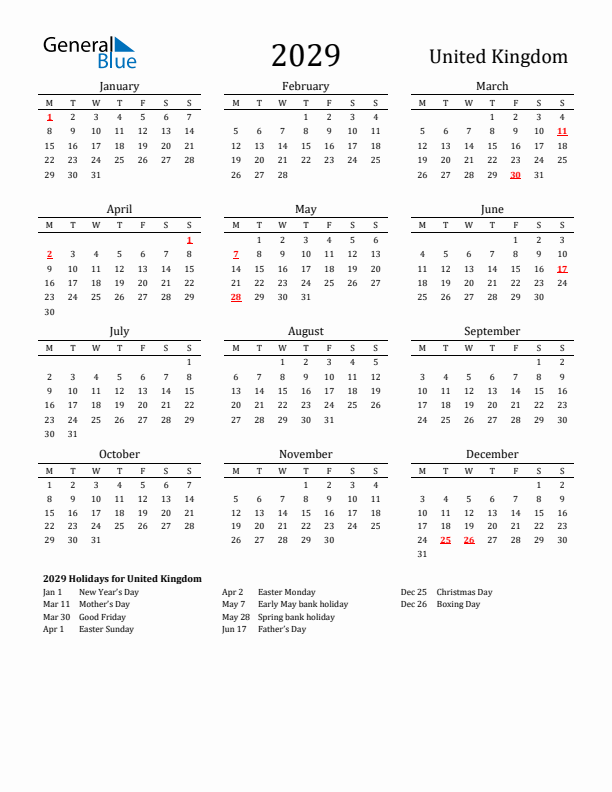 United Kingdom Holidays Calendar for 2029