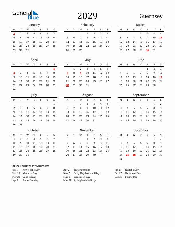 Guernsey Holidays Calendar for 2029