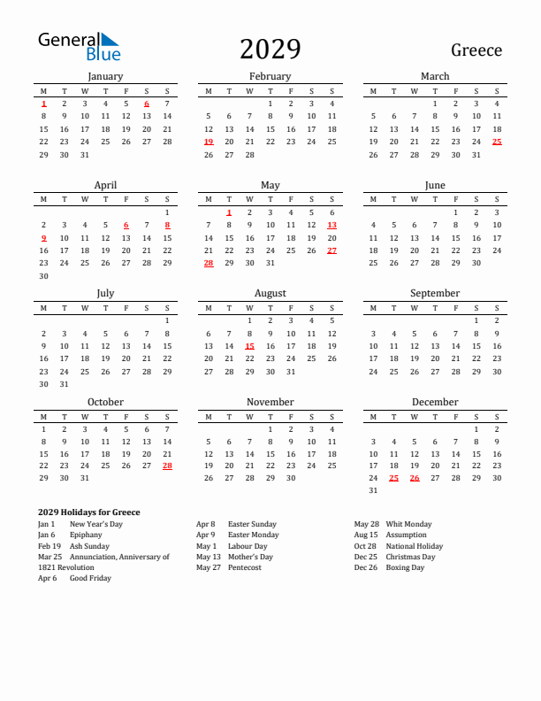 Greece Holidays Calendar for 2029