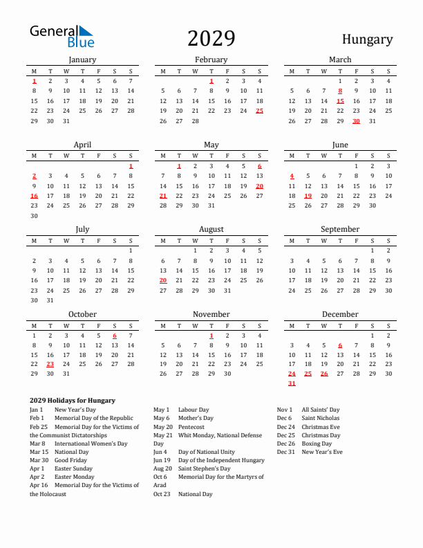 Hungary Holidays Calendar for 2029