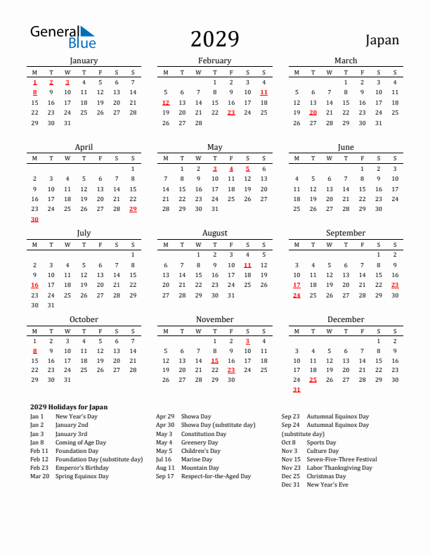 Japan Holidays Calendar for 2029