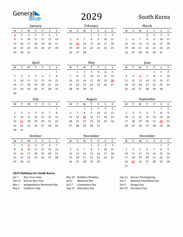 South Korea Holidays Calendar for 2029